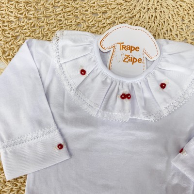 Body Branco com Gola Bordada e Rendada Flores Vermelhas Body Branco com Gola Bordada e Rendada Flores Vermelhas